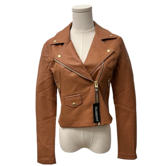 BLANK NYC Moto Jacket Vegan Faux Leather Camel Tan Size Small Thick Skin NWT - Picture 4 of 16